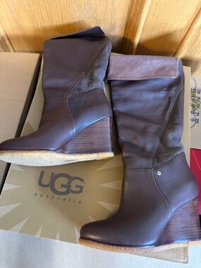 UGG Ravenna Brown Leather Wedge Boots | Knee-High | Size 7 | NEW